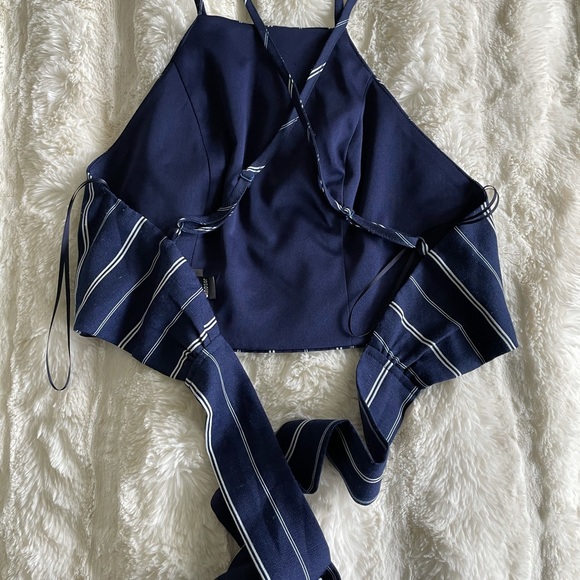 Windsor Navy Striped Cross back Crop Top - Picture 2 of 3